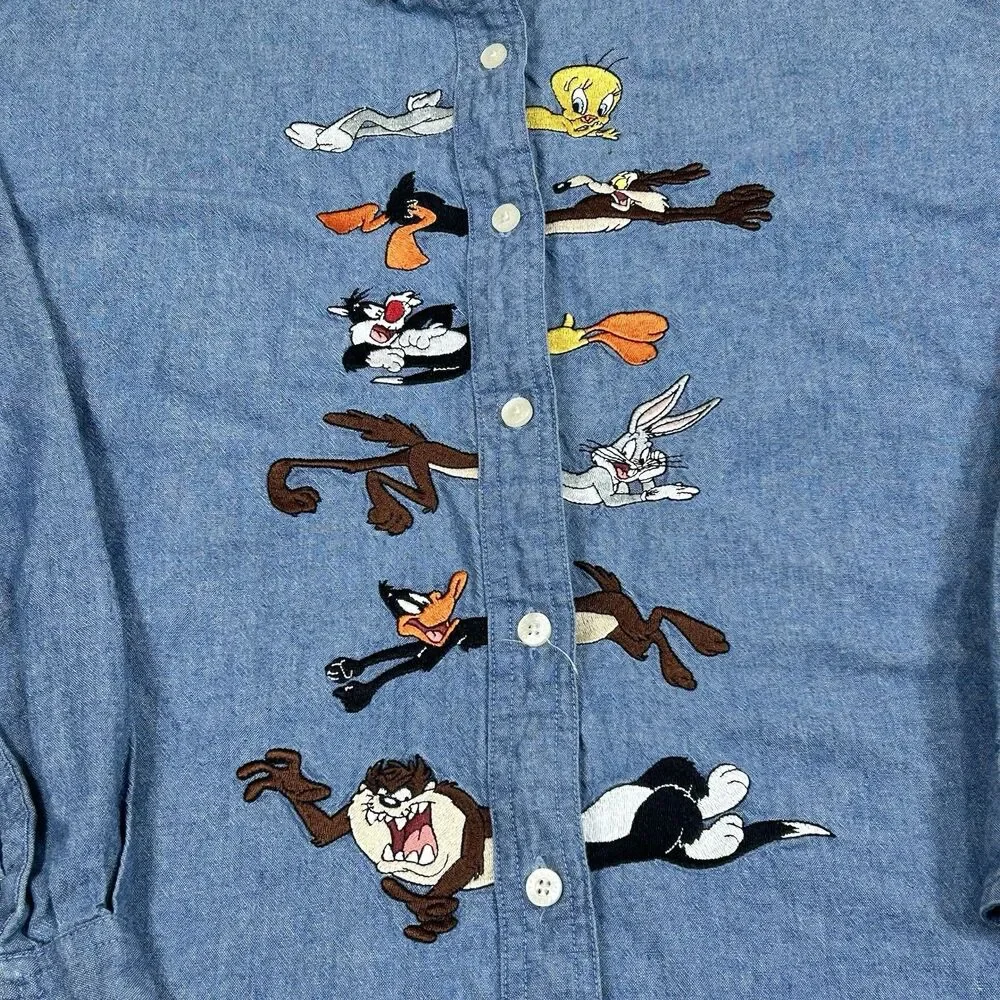 Warner Bros. Studio Store Looney Tunes Cotton Chambray Blue Shirt Embroidered - Picture 2 of 16